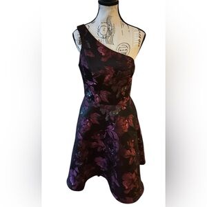 One Shoulder Floral Brocade Dress Black Wine Cranberry Cocktail Party Sz 6 NWT